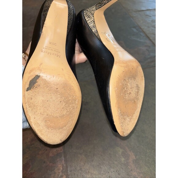 Max Mara Black Leather Peep Toe Pumps 3” Silver Heel 8 38.5 Italy Women - Picture 6 of 12